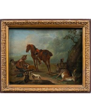 Jean-Baptiste Oudry (Parigi 1686 - Beauvais 1755) cerchia di - Scena di caccia con levrieri.