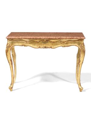 Consolle in Legno Intagliato e Dorato con Piano in Marmo Rosso Verona, Inizio XX Secolo, 120x50x85 cm