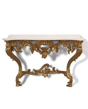 Consolle Intagliata e Dorata con Piano in Marmo Bianco, Inizio XX Secolo, 130x55x86 cm