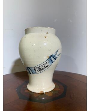 Antico Albarello, vaso da farmacia, epoca metà XIX, Unguento Populeo, h 20, lp 15 cm