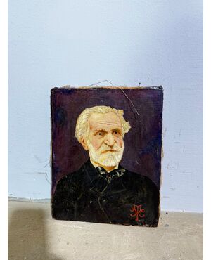 Antico dipinto olio su tela, Giuseppe Verdi, fine XIX sec. Mis.: 26x20