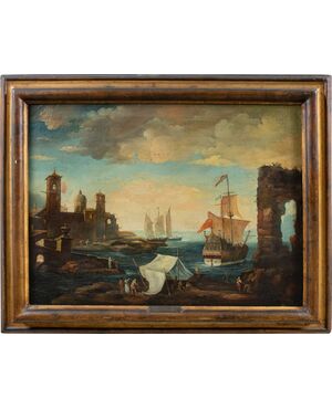 Giacomo Guardi (Venezia 1764 - Venezia 1835) cerchia di - Paesaggio portuale con capriccio architettonico e galeone britannico.