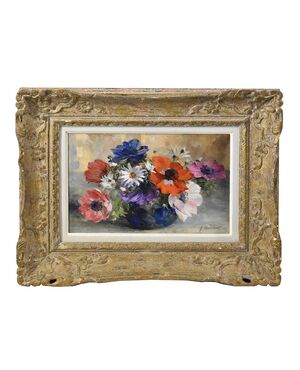 DIPINTI DI FIORI ART DECO, ANEMONI E MARGHERITE, DANSET GEORGES, OLIO SU TELA, QUADRI ANTICHI, XX SECOLO. (QF622)