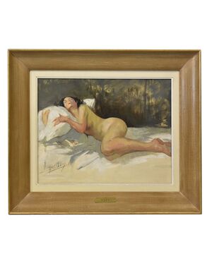 DIPINTI NUDITA' FEMMINILE, ART DECO, QUADRI DI NUDI DI DONNA DISTESA, YVES DIEY, DEL 1900. (QN607)