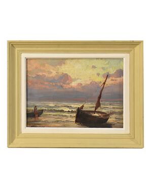 DIPINTI ANTICHI DI MARINE, PAESAGGIO DI MARE CON BARCA, OLIO SU TELA, FINE XIX SECOLO. (QM625)