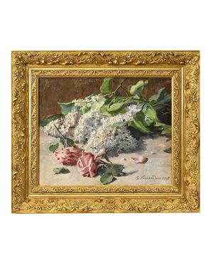 QUADRI ANTICHI, ART NOUVEAU, NATURA MORTA CON FIORI DI ROSE E LILLÀ, OLIO SU TELA, XX SECOLO. (QF627)