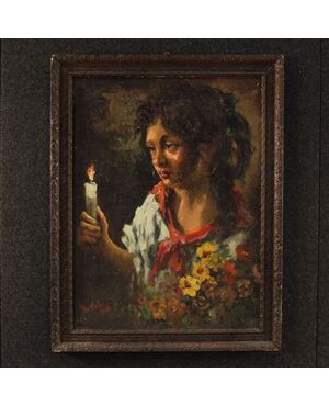 Italian signed and dated painting portrait of young gipsy
