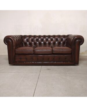 Divano chesterfield club 3 posti inglese vintage originale in pelle marrone testa di moro 