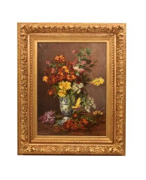 DIPINTI ANTICHI DI FIORI, NATURE MORTE CON MARGHERITE E LILLÁ, OLIO SU TELA, DELL 800. 