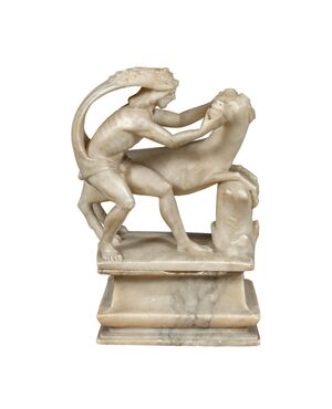 Scultura in alabastro scolpito - Ercole e il Toro di Creta. Roma, XVII secolo.