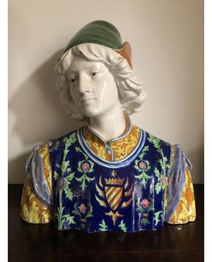 Majolica bust, Renaissance male figure.Minghetti.Bologna Manufacturing.     