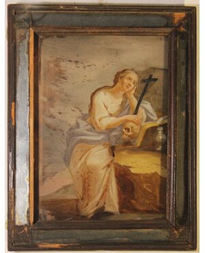 Maddalena penitente con teschio dipinto olio su vetro scuola Veneta del XVIII secolo