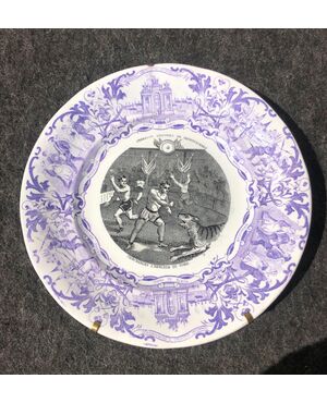 Earthenware plate with decal decoration depicting circus scene. Sarregumines, France.     