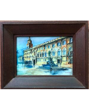 Majolica tile with frame depicting the town hall building in Piazza Maggiore in Bologna.Firma Maccaferri.     