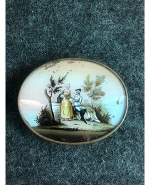 Box with metal profile. Cover with gallant scene painted on glass. France     