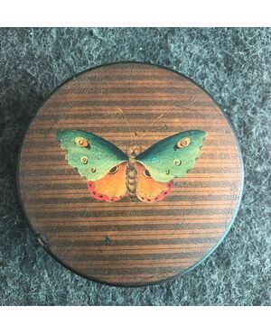 Papier mache &#39;snuffbox with tortoise shell painted with butterfly.France     