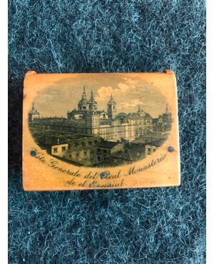 Wooden matchbox with decoration depicting the Escorial monastery in Madrid. Spain     