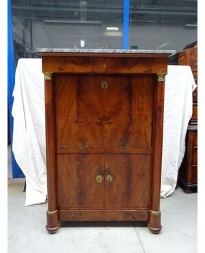 Secretaire a colonna piena in noce Impero 1820 francese chiave a quadrifoglio