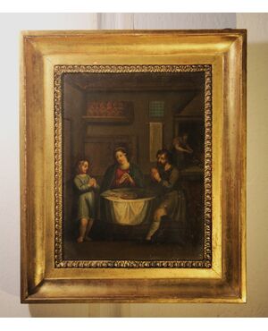 Sacra Famiglia a tavola- olio su rame del XIXsec.
