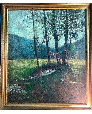 Oil painting on canvas with rural landscape.Italy     