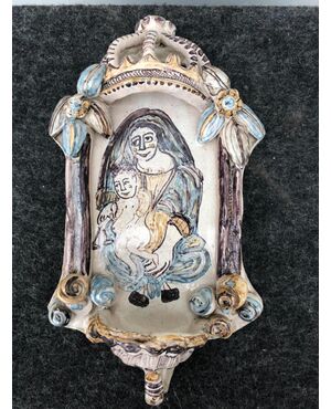 Holy water stoup depicting Our Lady of the Rosary with Jesus Child. Lattice, Puglia.     