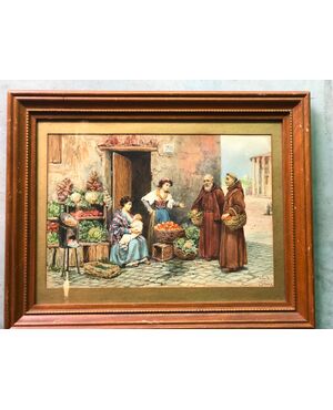Tempera with figures of friars and fruit vendors.Alberto Collina.Roma     