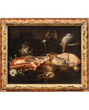 Pittore italiano (XVII-XVIII sec.) - Natura morta con carne, tacchino e cacciagione.