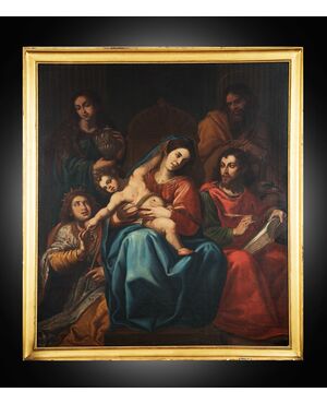 Dipinto antico olio su tela raffigurante il Matrimonio mistico di Santa Caterina. Napoli XVIII secolo.