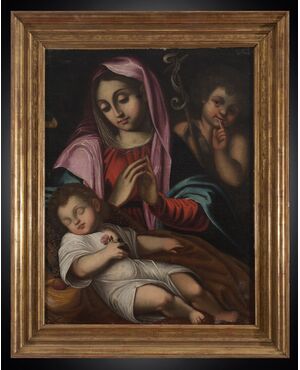 Dipinto antico olio su tela raffigurante Madonna col Bambino dormiente e San Giovannino. Bologna XVII secolo.