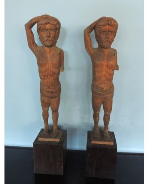 pair of wooden sculptures, h 45 cm base     
