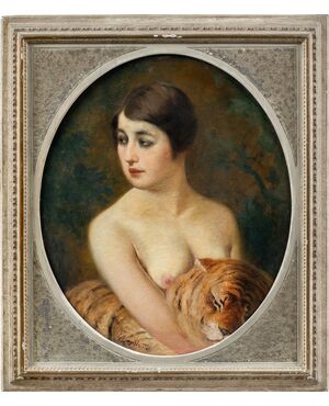 Emilio Magistretti (Milano 1851 - Milano 1936) - Fanciulla con tigre.