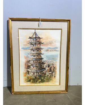 Acquarello primi '900 Pagoda, firmato, mis 59x46 cm