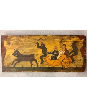Pannello in legno dipinto di carretto siciliano con scena dipinta personaggi con diavoli.data 1833.