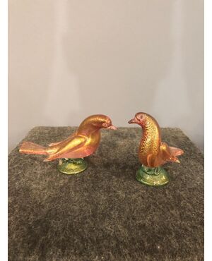 Pair of glass birds with gold inclusions, Seguso.Murano manufacture.     