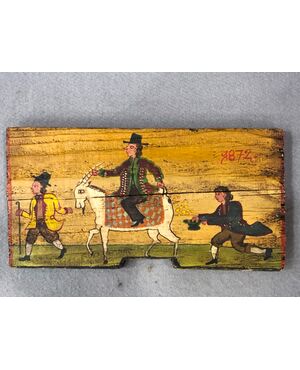 Panel in painted Sicilian cart wood with painted scene. Date 1872.     
