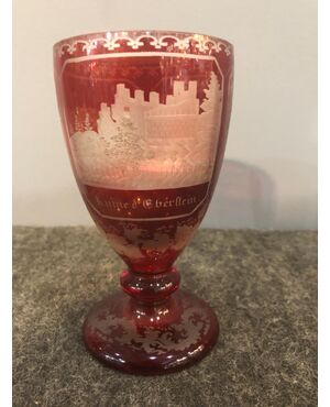 Bohemian biedermeier glass with two medallions with architectural scenes.     