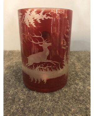 Bohemian crystal mug from the Biedermeier period with engraved hunting scene with deer.     