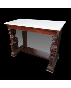 Ancient Sicilian Empire console in mahogany feather with white statuary marble top. 19th century period.     