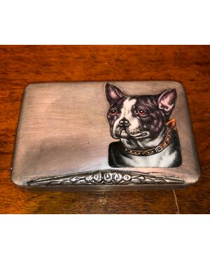 Cigarette box in silver and enamel with French bulldog dog.Italy.     