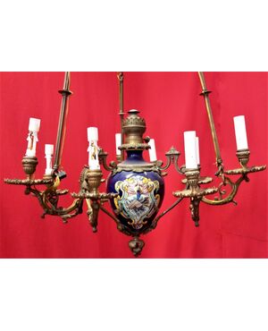 Nine-lamp majolica chandelier