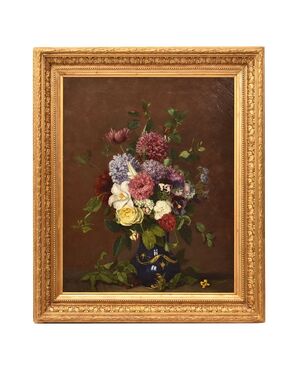 DIPINTI ANTICHI DI FIORI, NATURE MORTE CON GIGLI E ROSE, OLIO SU TELA, DELL 800. (QF635)
