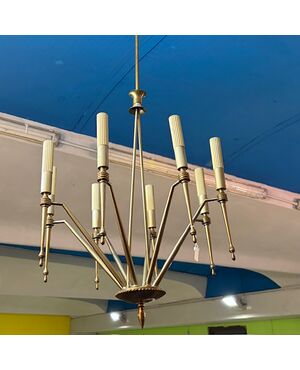 Lampadario anni 50 Design a  luci Modernariato in ottone dorato . Chandelier . 