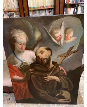 17th century painting on oil on canvas depicting Saint Francis supported by an angel. Cm 120 x 90, attributed to Flaminio Torri (Bologna 1620 -1661)     