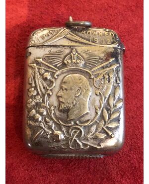 Silver matchbox with profile of King Edward VII and inscription 1901-crowned 1902. England.     