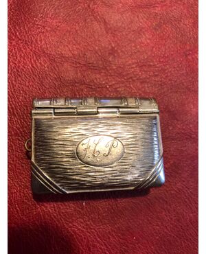 Silver plated brass matchbox and coin holder in the shape of an album.     