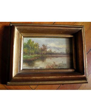 Pair of oil on cardboard paintings depicting landscapes in the Treviso area. on the reverse are the title, date and signature:     