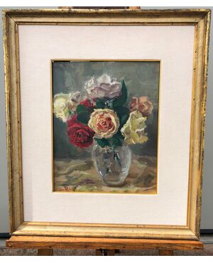 Oil painting on canvas depicting vase with flowers.England.     
