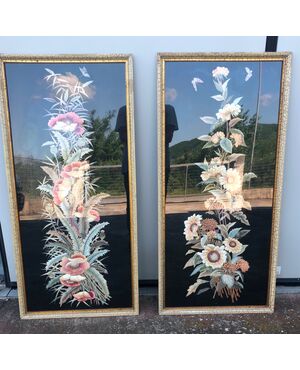 Pair of oriental panels embroidered with flowers.     