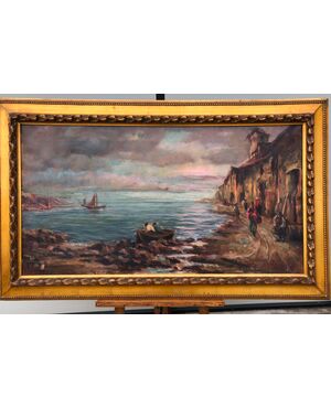 Oil painting on canvas depicting a marine landscape. Signed.     