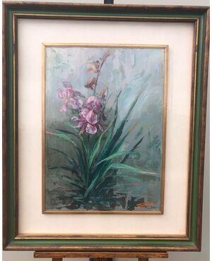 Painting on canvas with flower composition. Signed.     